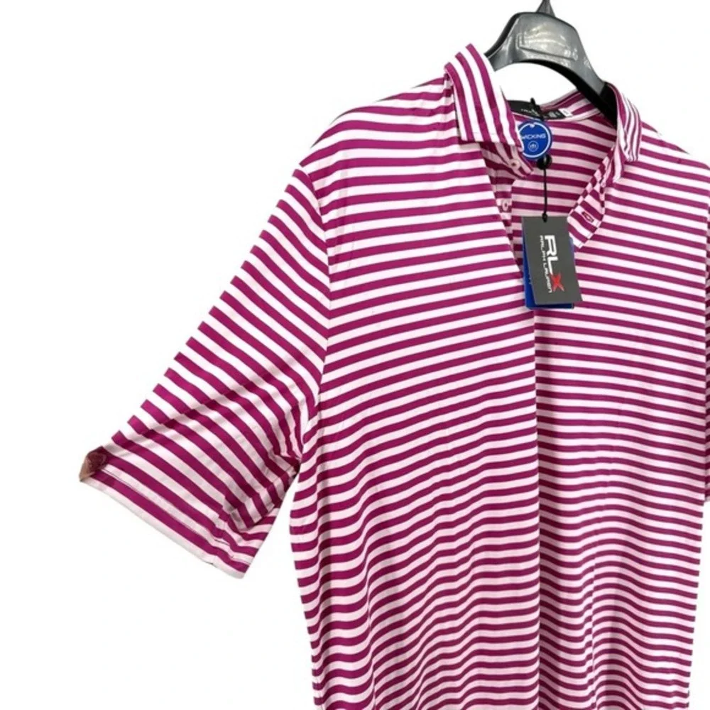 NEW RLX Ralph Lauren Mens XL Golf Performance Moisture Wicking Pink White Stripe